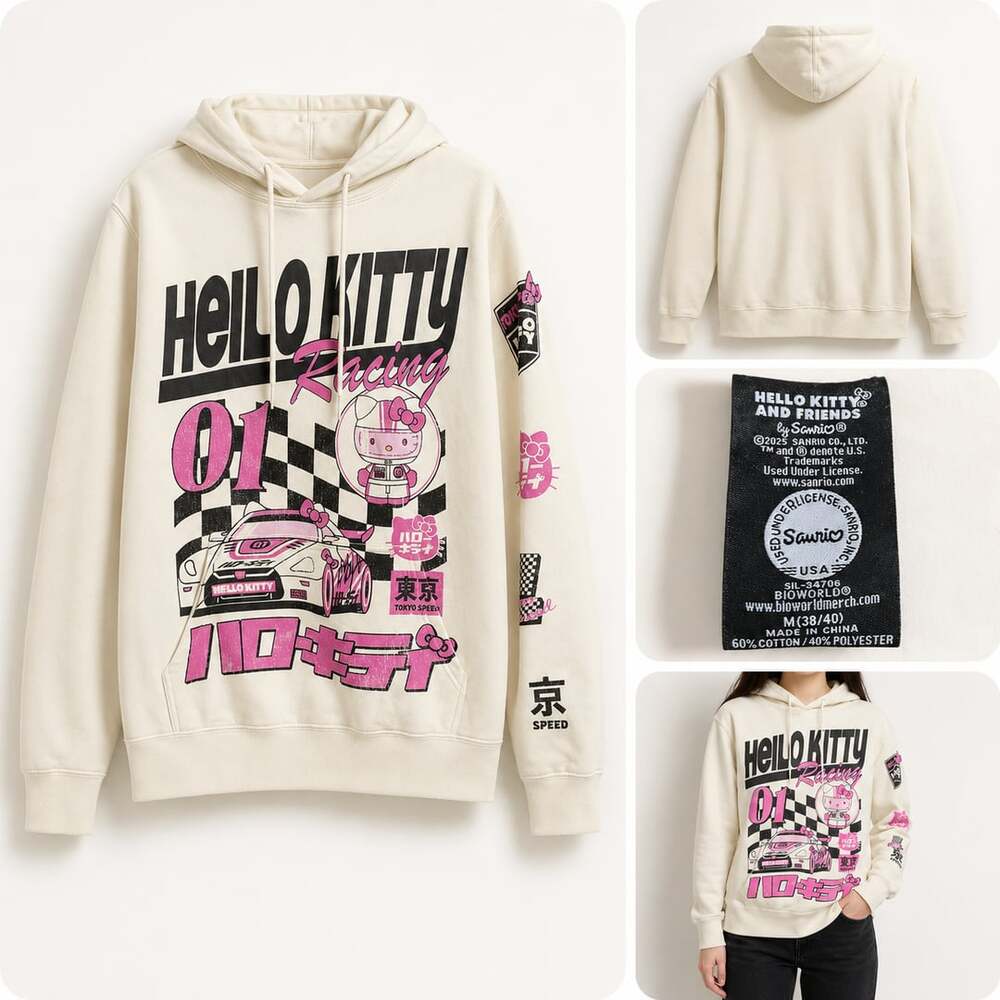Bioworld Sanrio Hello Kitty Tokyo Speed Racing Cream Hoodie Sweatshirt M